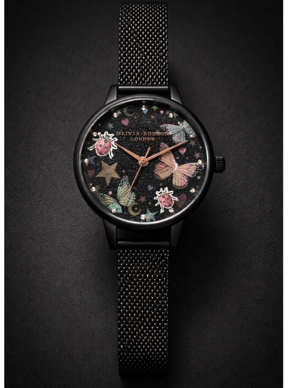 OLIVIA BURTON Black Dial Butterfly & Ladybug Rose Gold Hands Mesh Watch NWOT